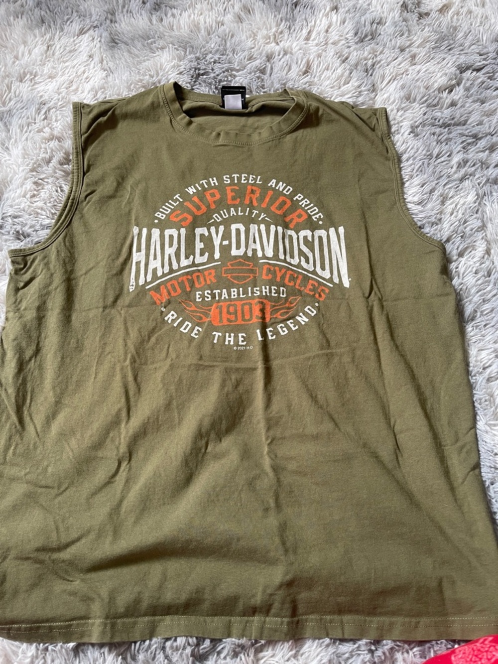 Harley-Davidson Olive Green Tank Top with White and Orange Logo
